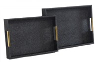 SHAGREEN BLCK W/GOLD HANDLE SET OF 2 TRAYS